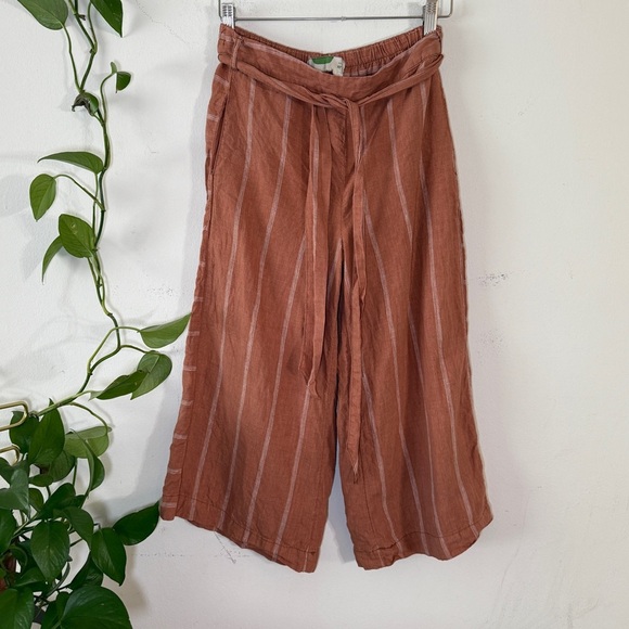 Anthropologie Pull On Belted Cropped Linen Blend Salmon / Cherry Stripe Pants - Picture 2 of 7